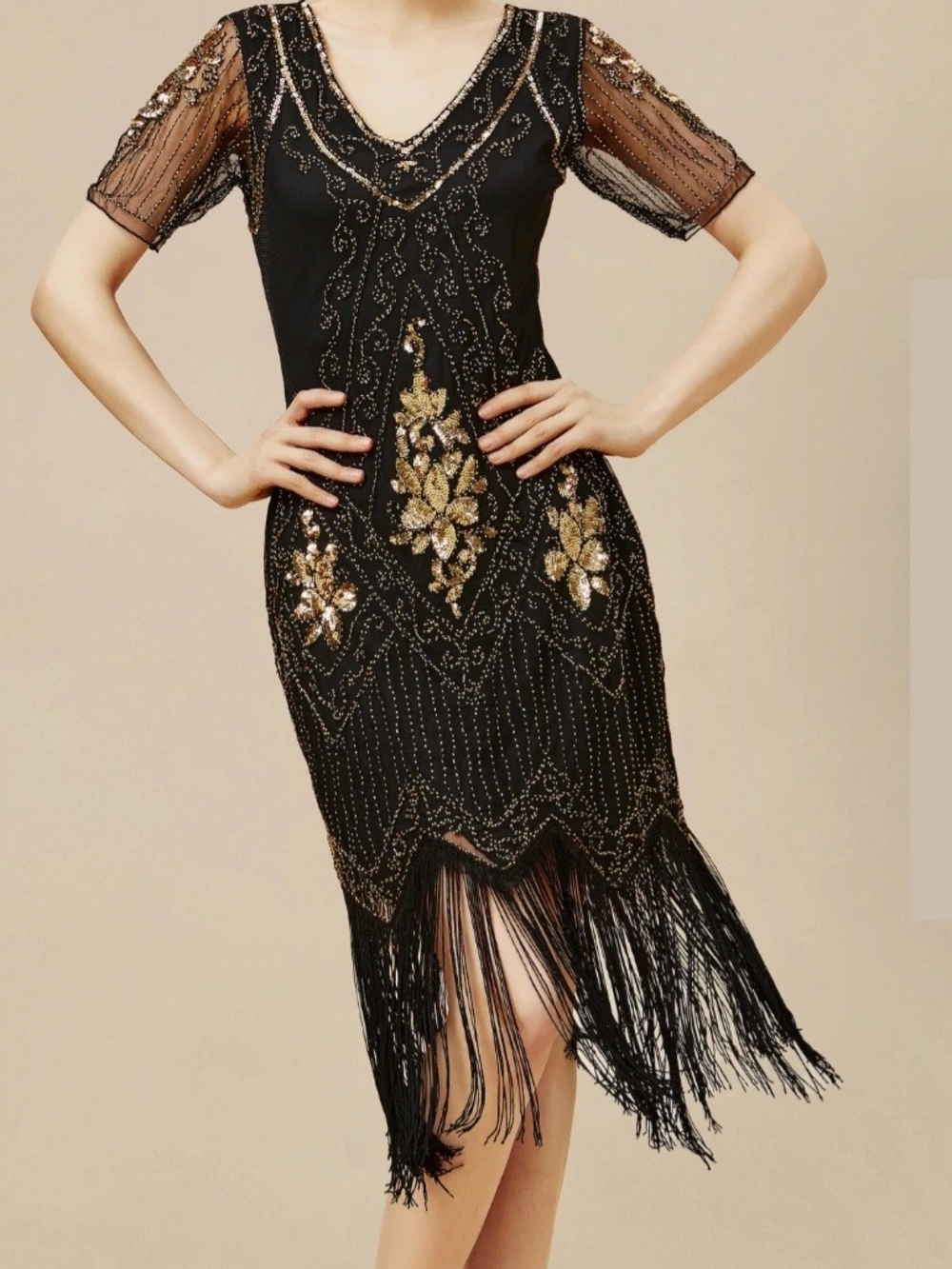 Black & Gold Beaded Fringe Cocktail Dress